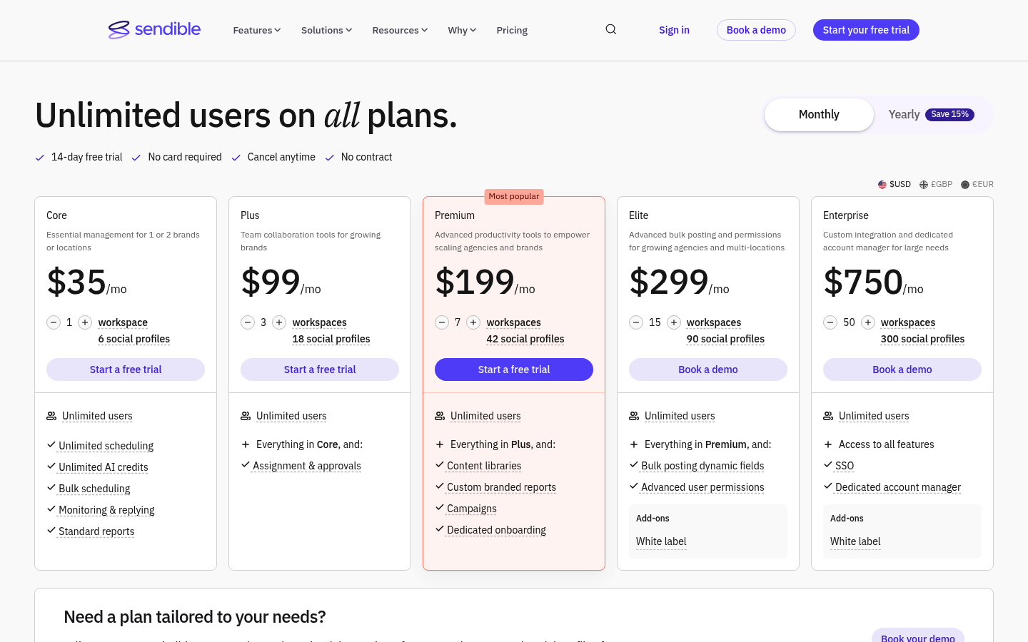 Screenshot of Sendible's pricing page showing its plans and prices