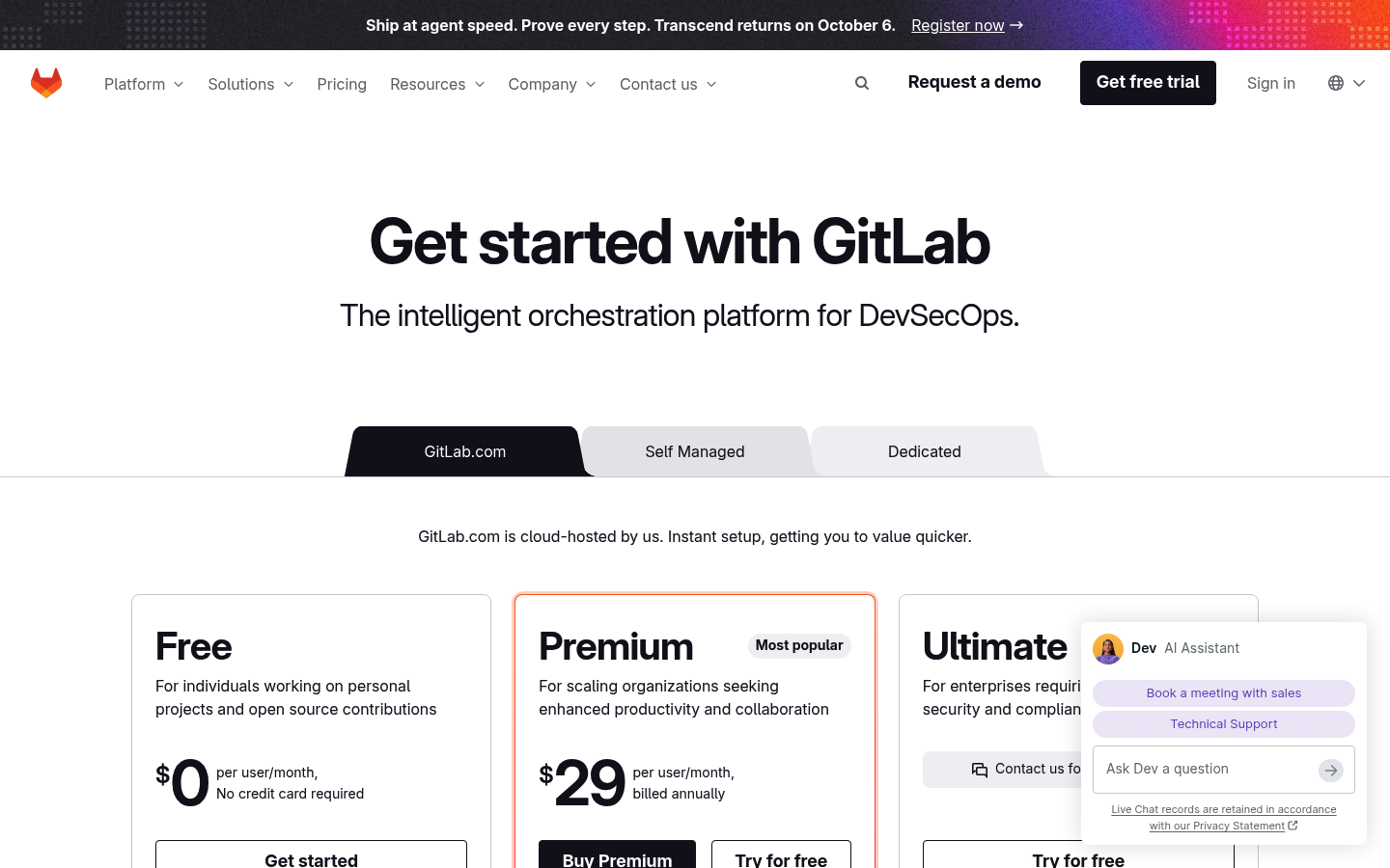 Screenshot of GitLab's pricing page showing its plans and prices