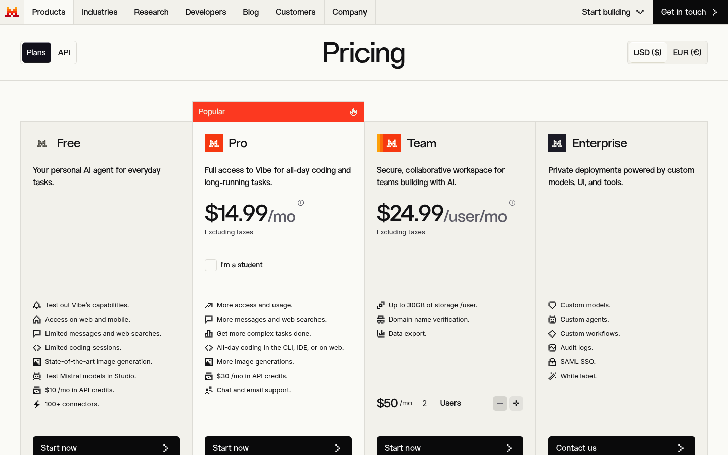 Screenshot of Mistral AI's pricing page showing its plans and prices