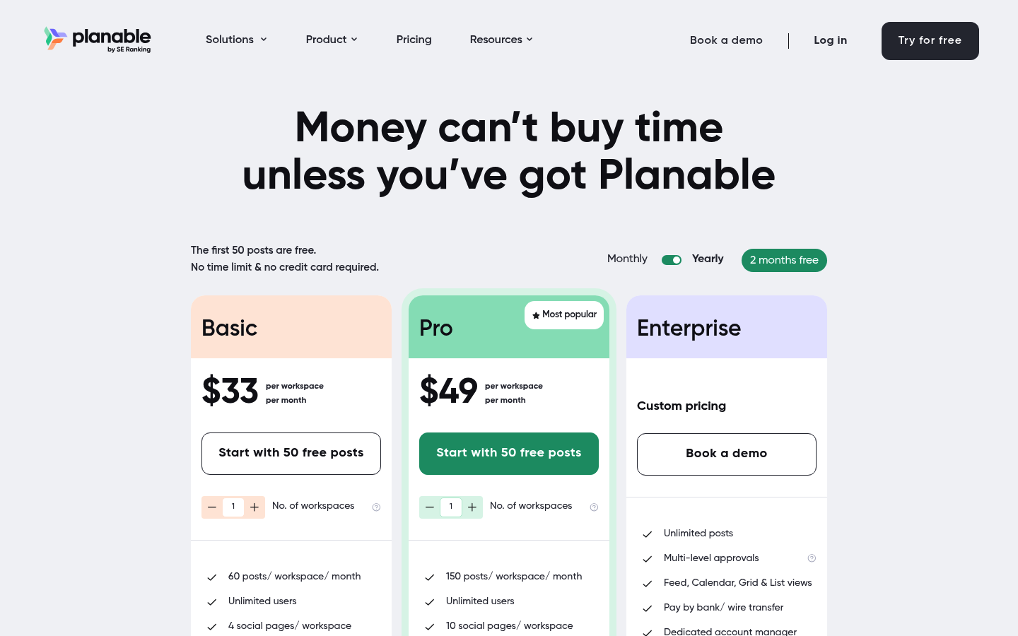 Screenshot of Planable's pricing page showing its plans and prices