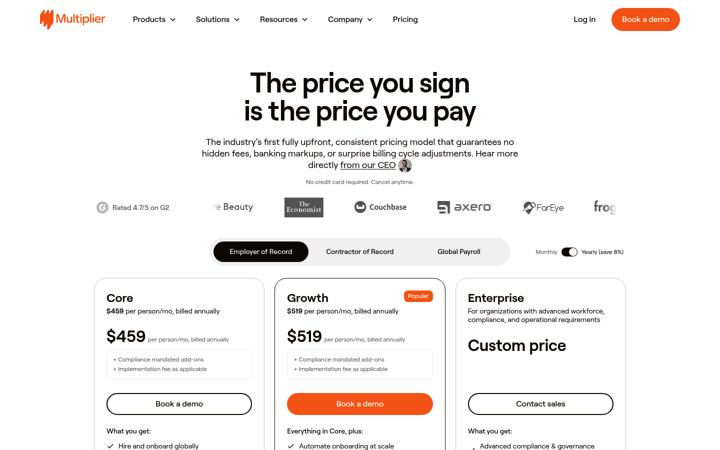 Screenshot of Multiplier's pricing page showing its plans and prices