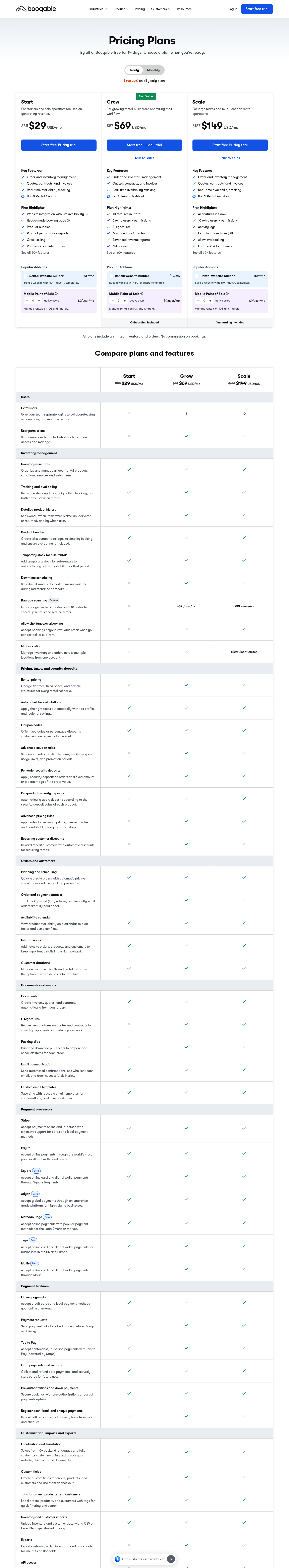 Screenshot of Booqable's pricing page showing its plans and prices