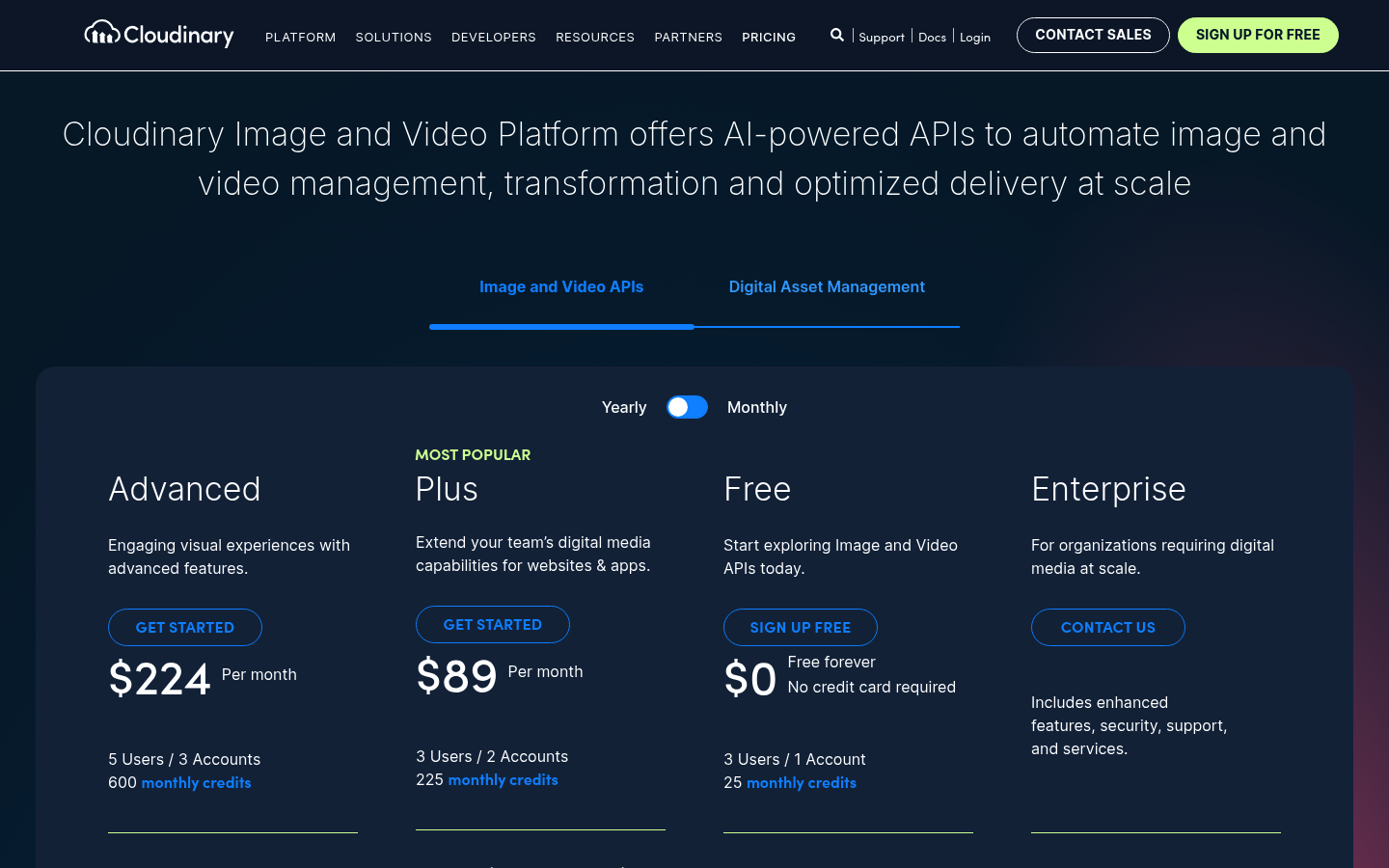 Screenshot of Cloudinary's pricing page showing its plans and prices