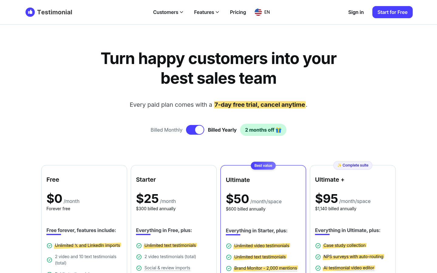 Screenshot of Testimonial.to's pricing page showing its plans and prices