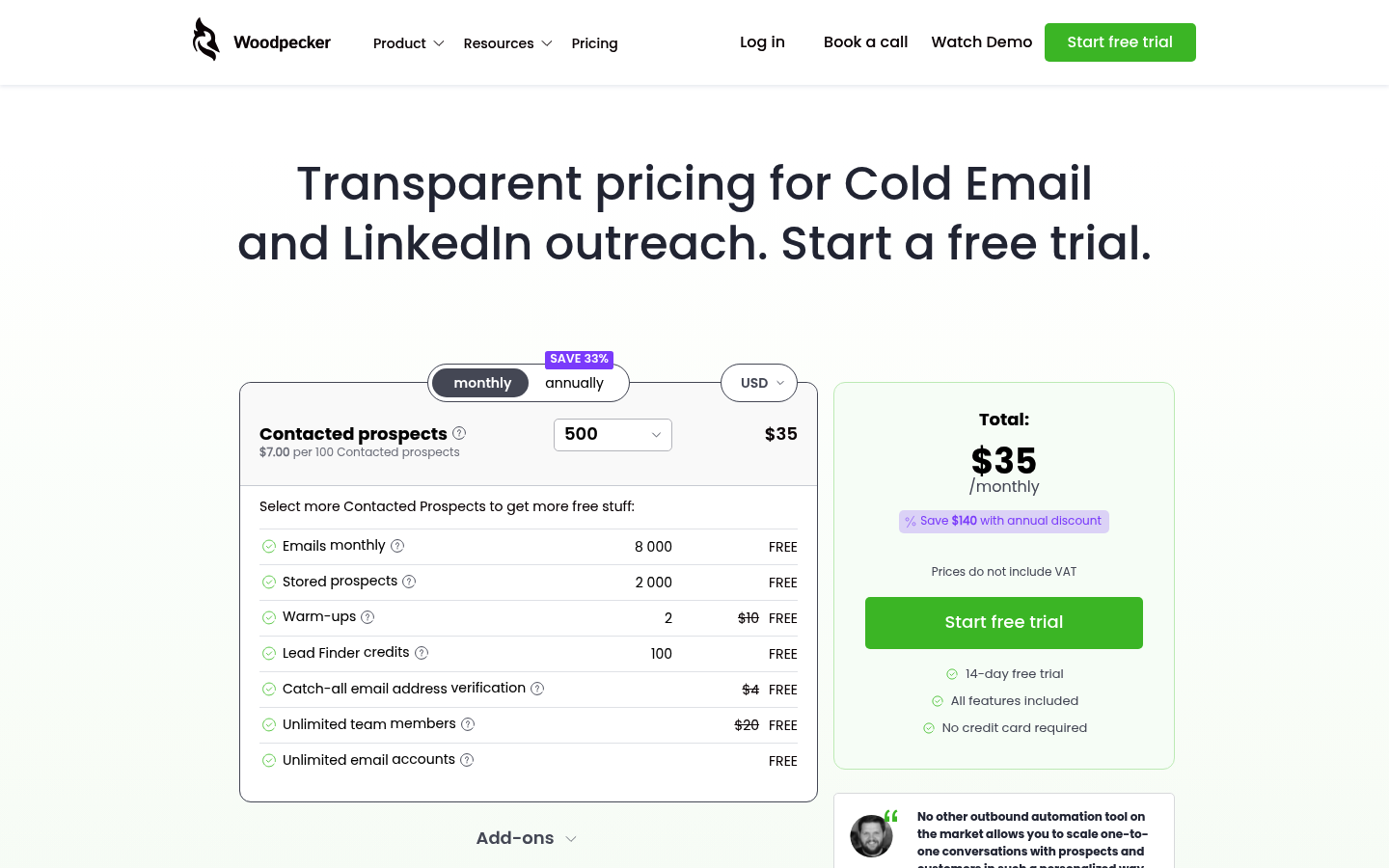 Screenshot of Woodpecker's pricing page showing its plans and prices