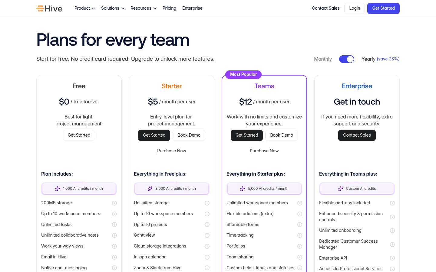 Screenshot of Hive's pricing page showing its plans and prices
