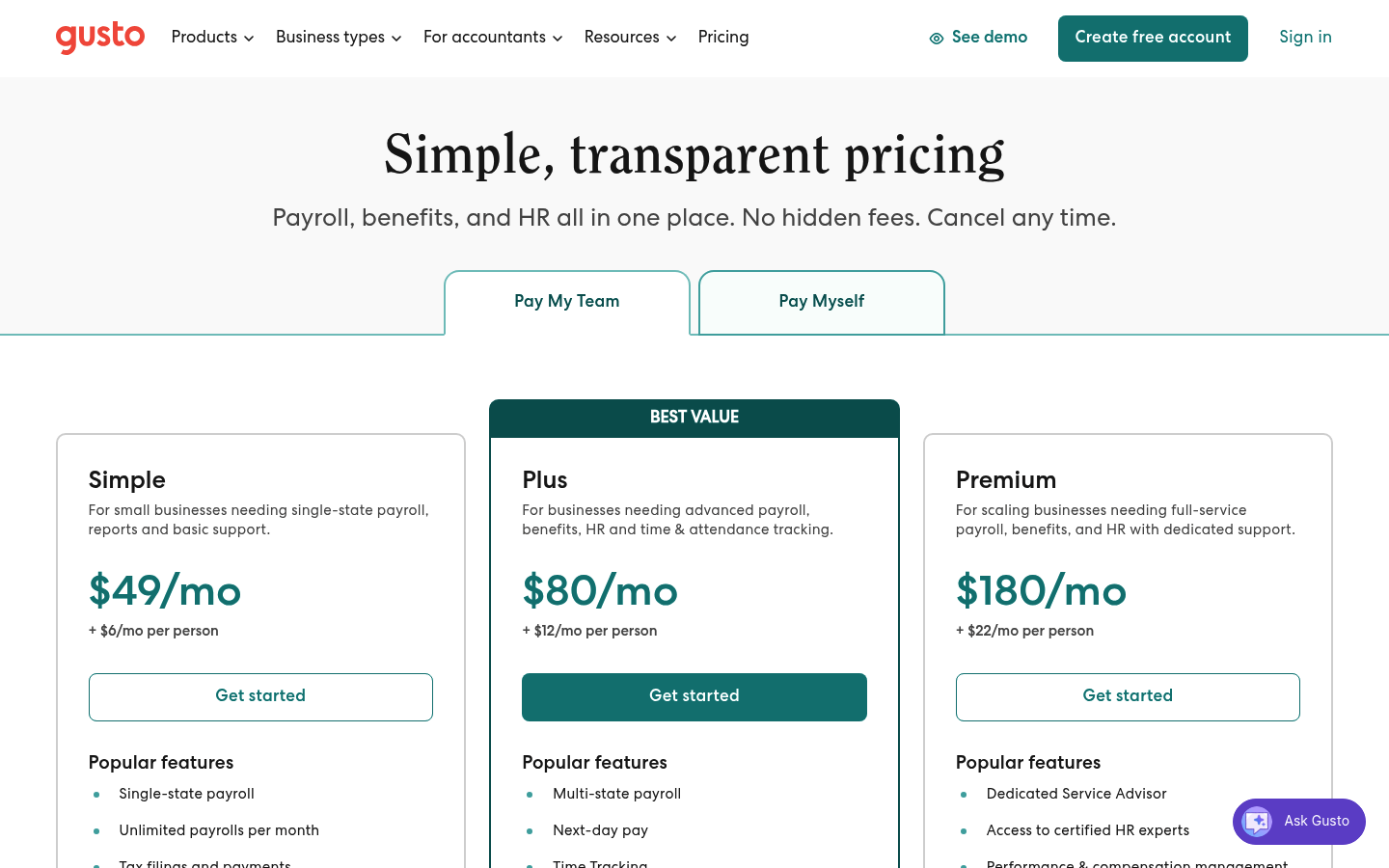 Screenshot of Gusto's pricing page showing its plans and prices