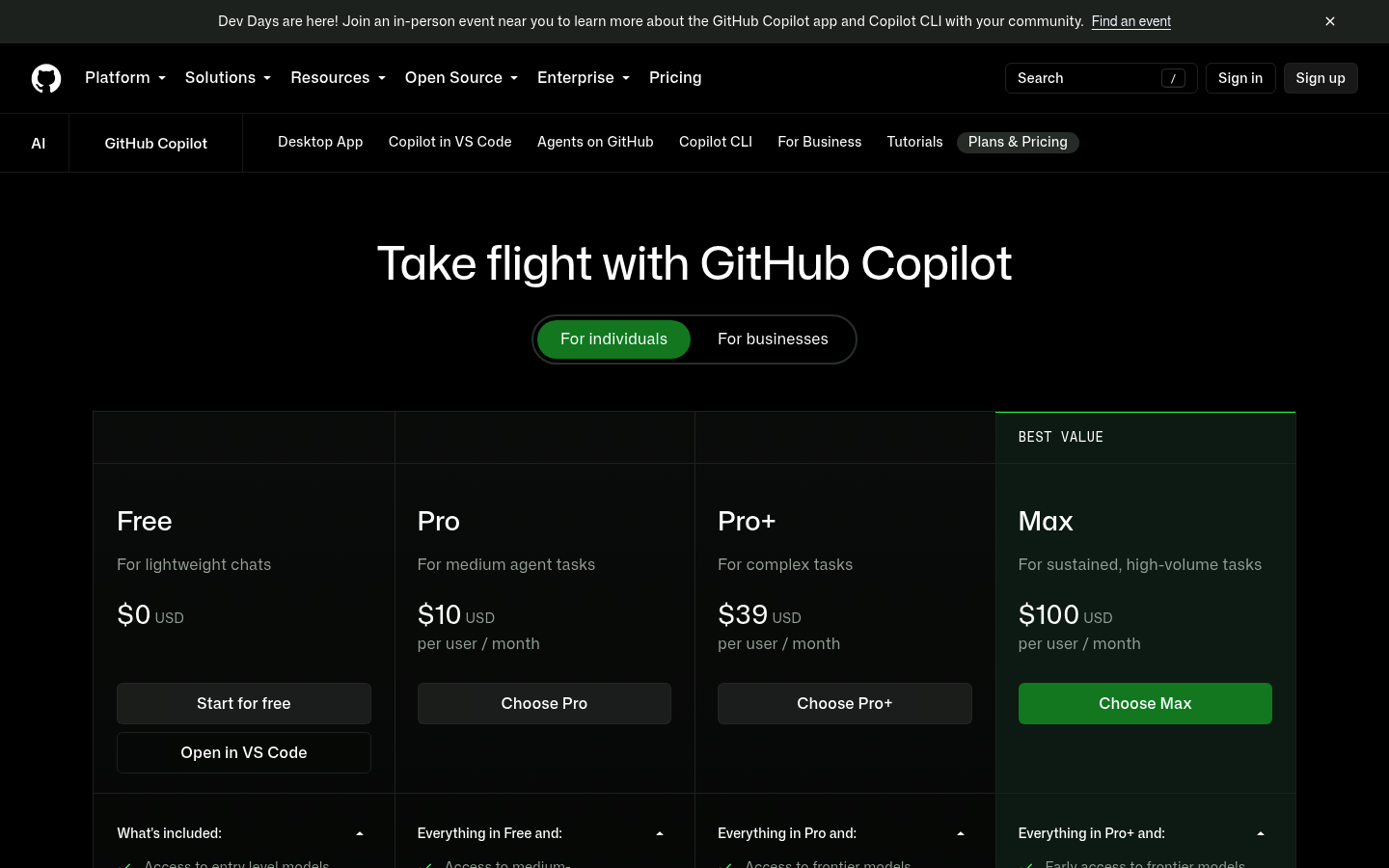 Screenshot of GitHub Copilot's pricing page showing its plans and prices