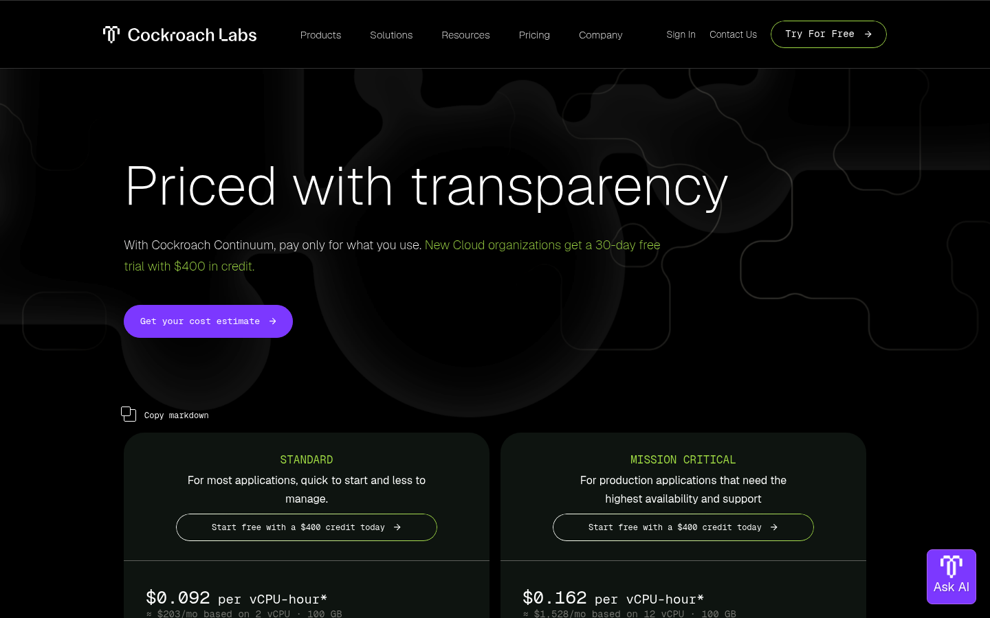 Screenshot of CockroachDB's pricing page showing its plans and prices