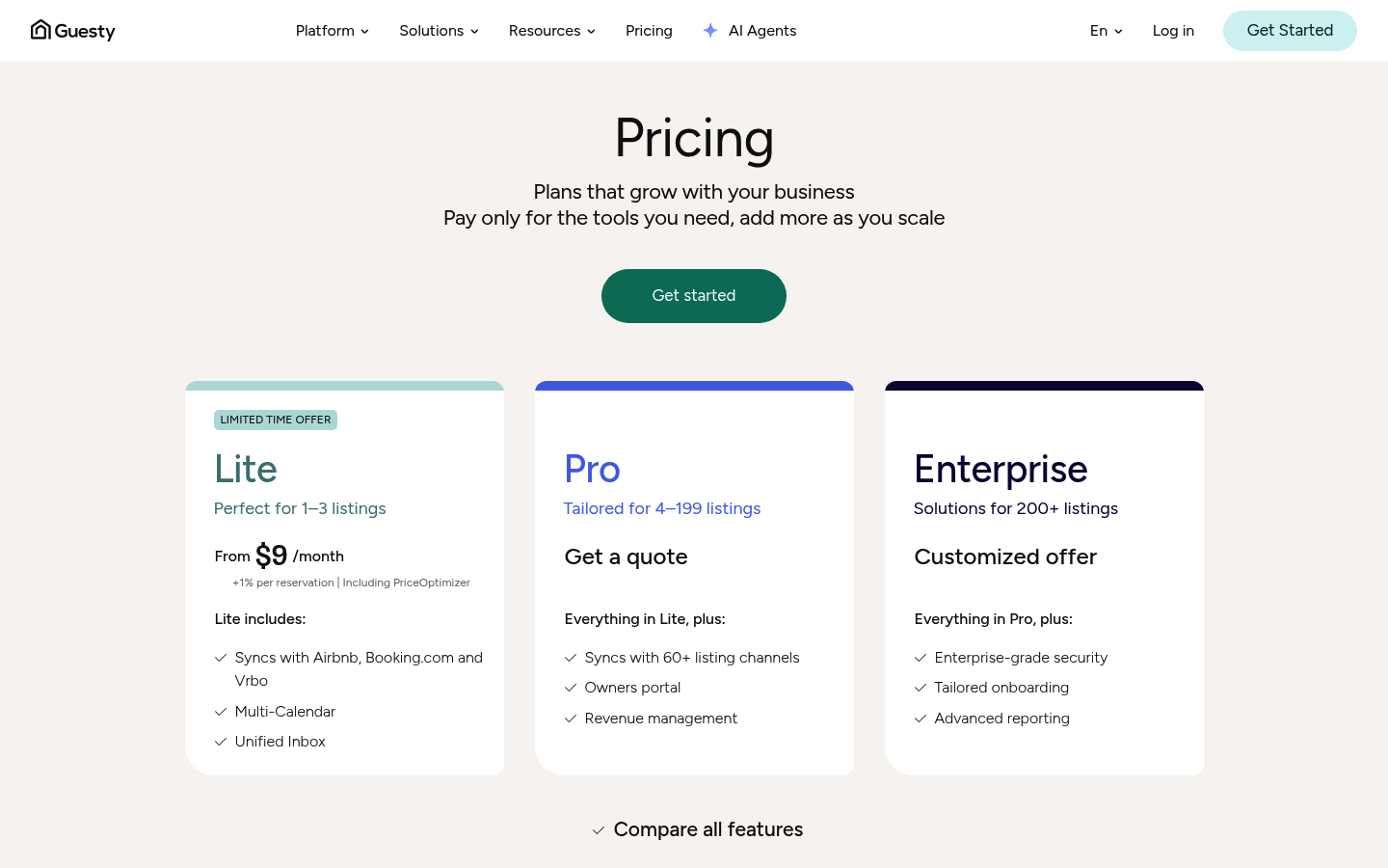 Screenshot of Guesty's pricing page showing its plans and prices