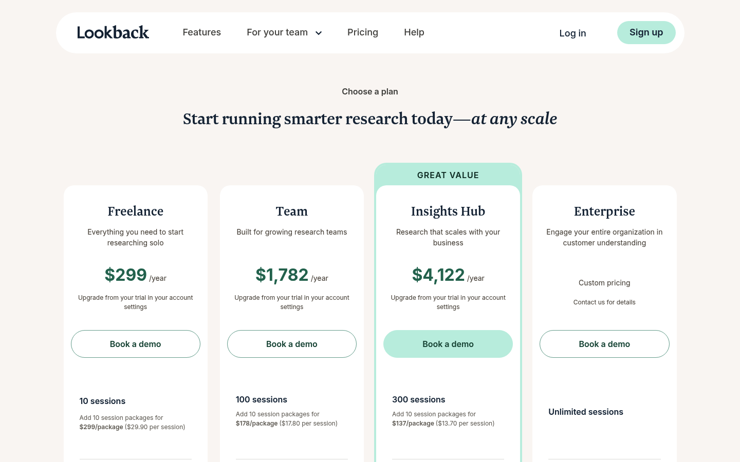 Screenshot of Lookback's pricing page showing its plans and prices