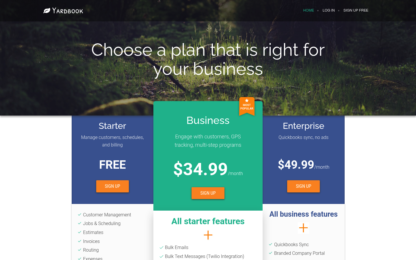 Screenshot of Yardbook's pricing page showing its plans and prices