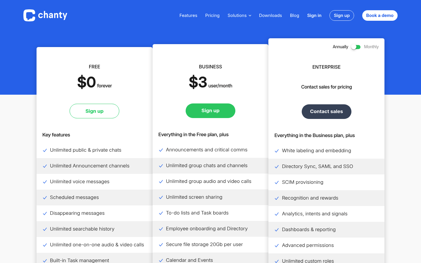 Screenshot of Chanty's pricing page showing its plans and prices