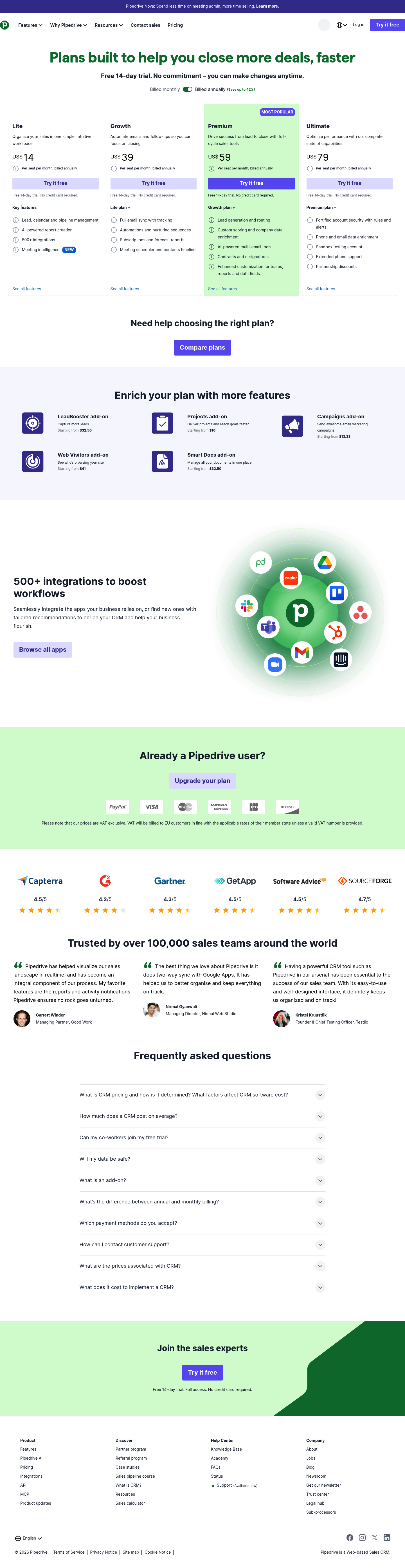 Screenshot of Pipedrive's pricing page showing its plans and prices