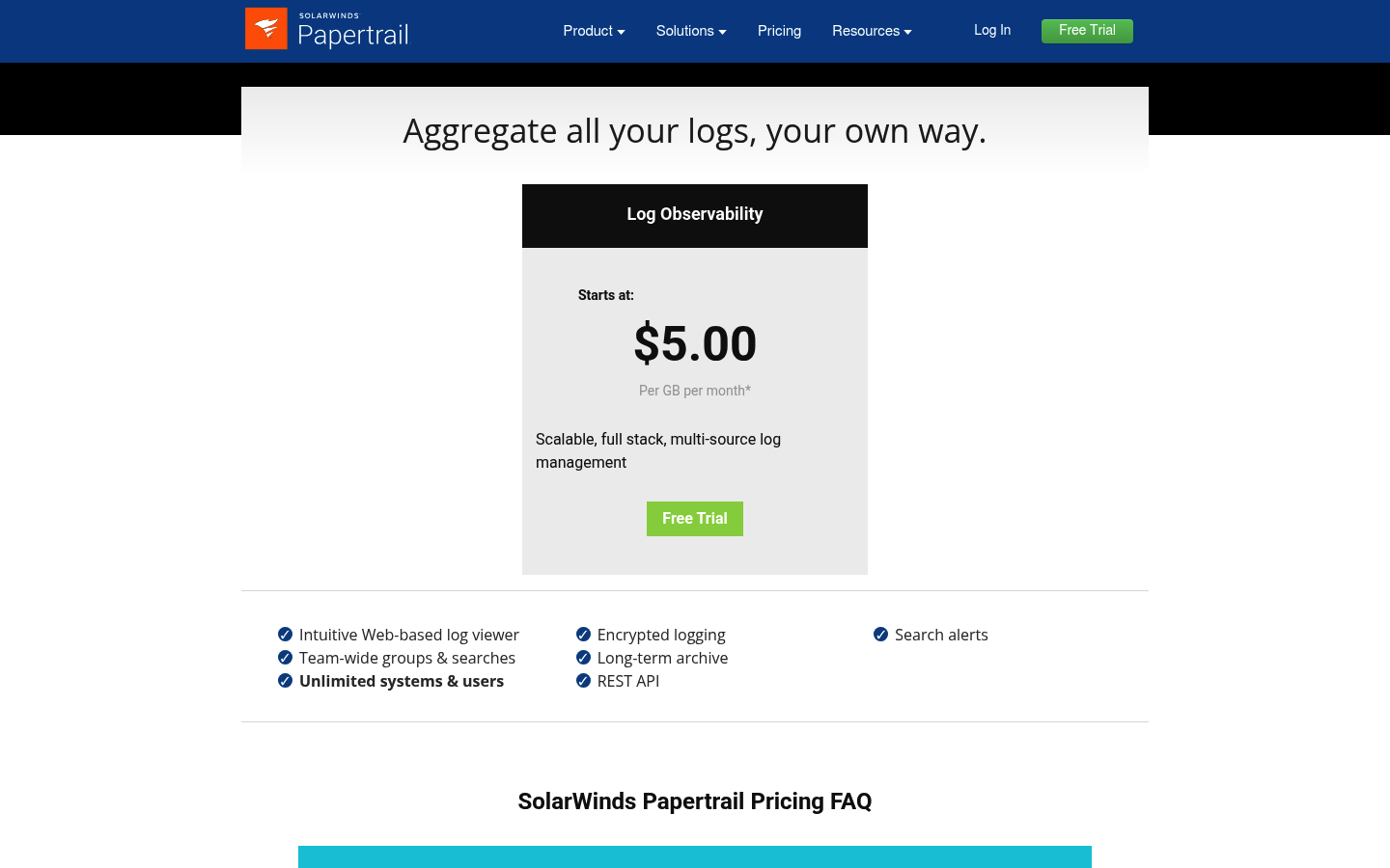 Screenshot of Papertrail's pricing page showing its plans and prices