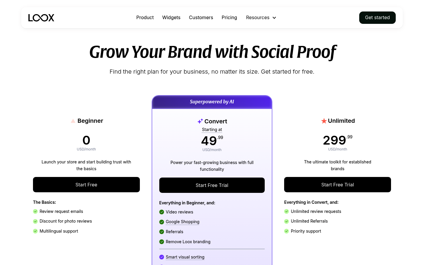 Screenshot of Loox's pricing page showing its plans and prices