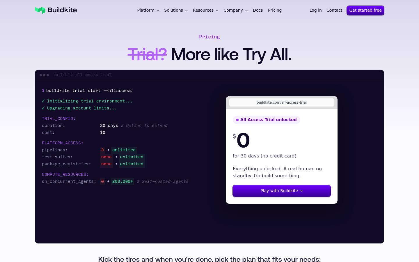 Screenshot of Buildkite's pricing page showing its plans and prices