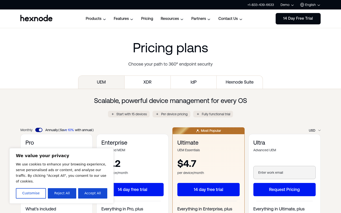 Screenshot of Hexnode's pricing page showing its plans and prices