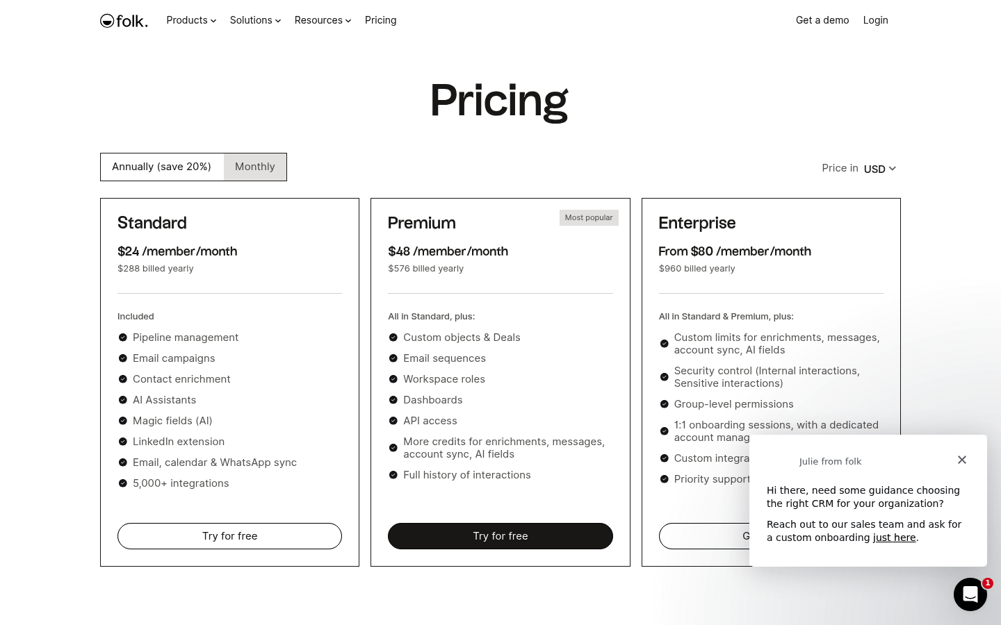 Screenshot of folk's pricing page showing its plans and prices