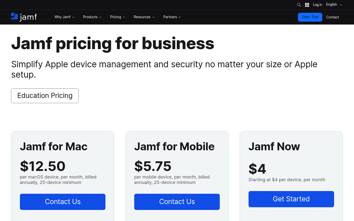 Screenshot of Jamf's pricing page showing its plans and prices
