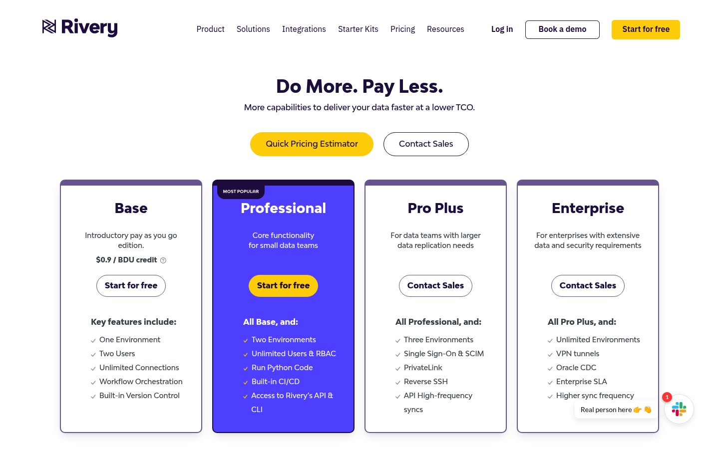 Screenshot of Rivery's pricing page showing its plans and prices