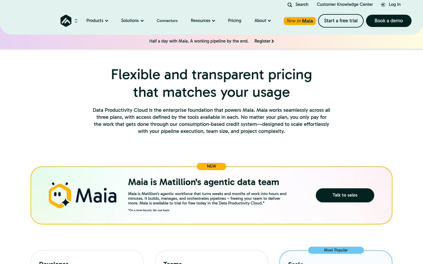 Screenshot of Matillion's pricing page showing its plans and prices