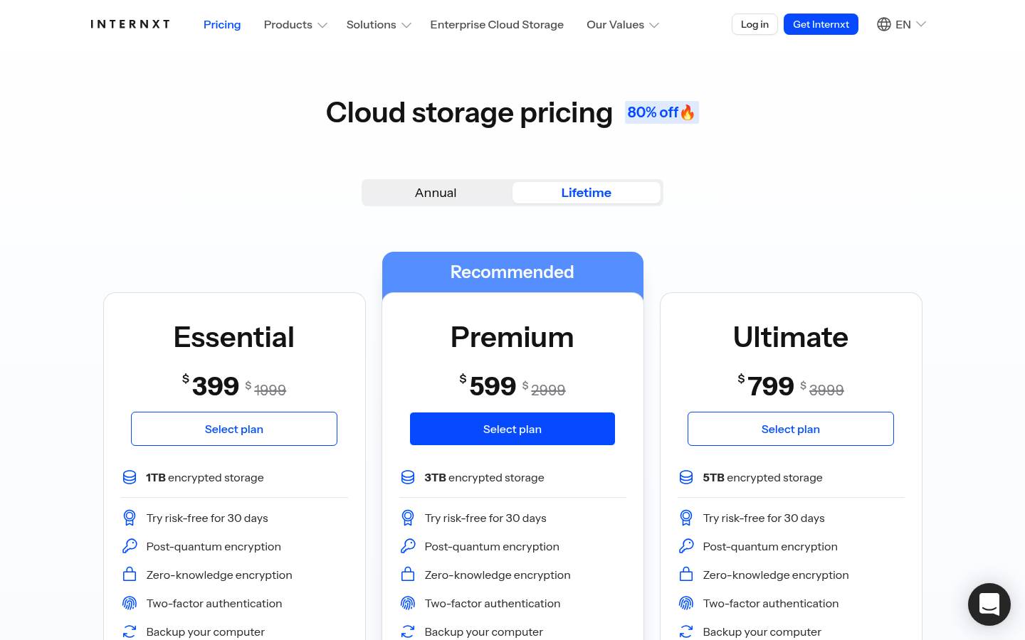 Screenshot of Internxt's pricing page showing its plans and prices