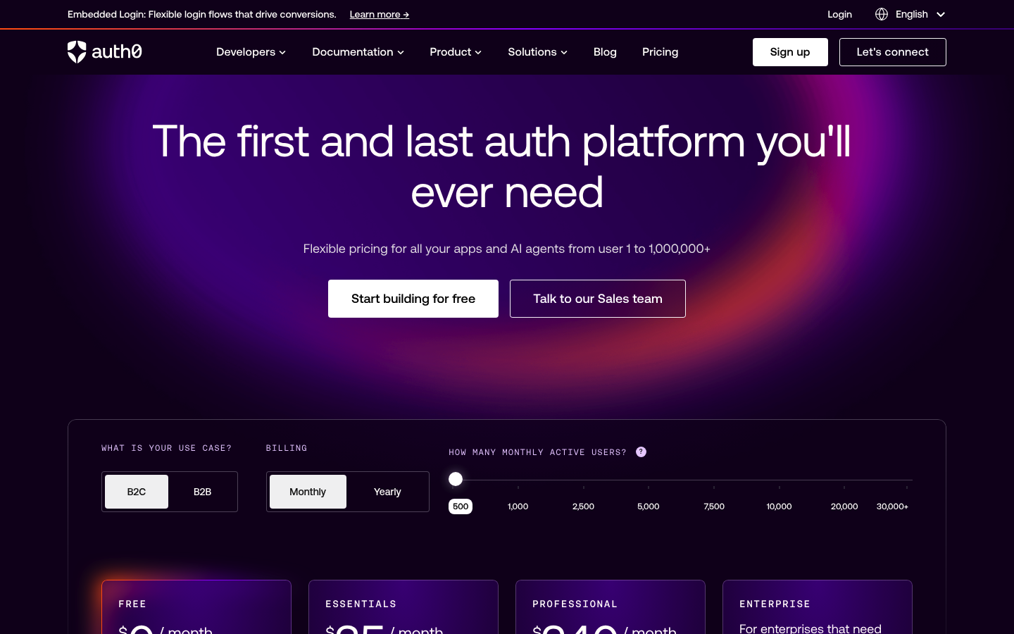 Screenshot of Auth0's pricing page showing its plans and prices