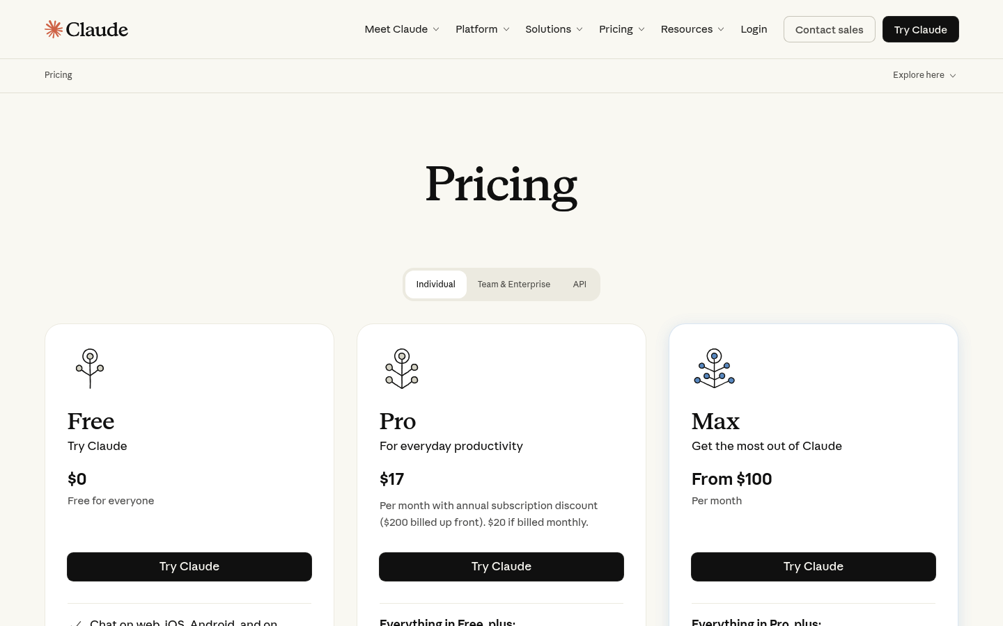 Screenshot of Anthropic's pricing page showing its plans and prices