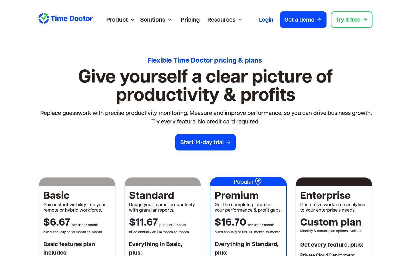 Screenshot of Time Doctor's pricing page showing its plans and prices