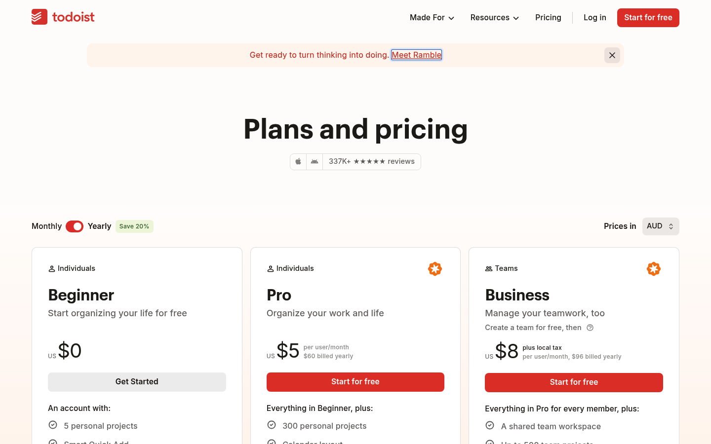 Screenshot of Todoist's pricing page showing its plans and prices