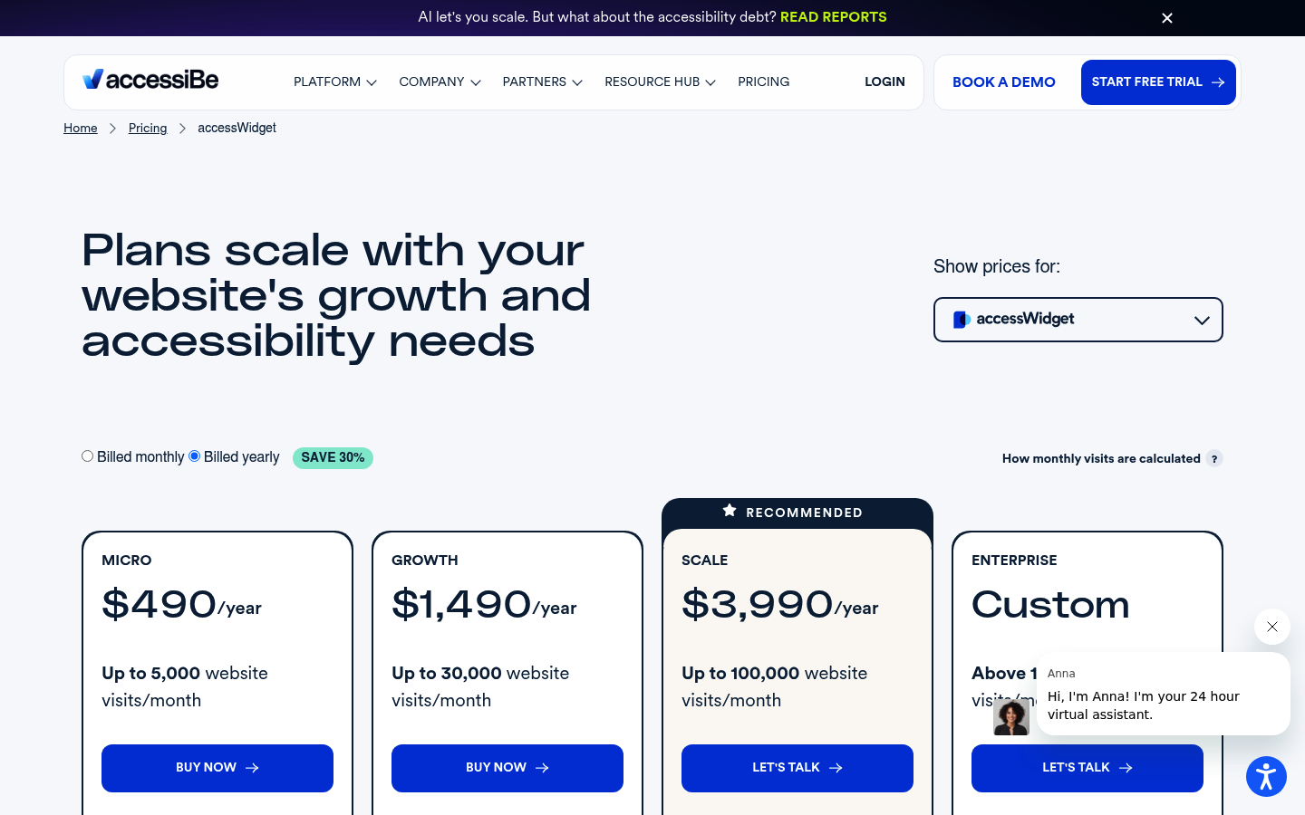Screenshot of accessiBe's pricing page showing its plans and prices