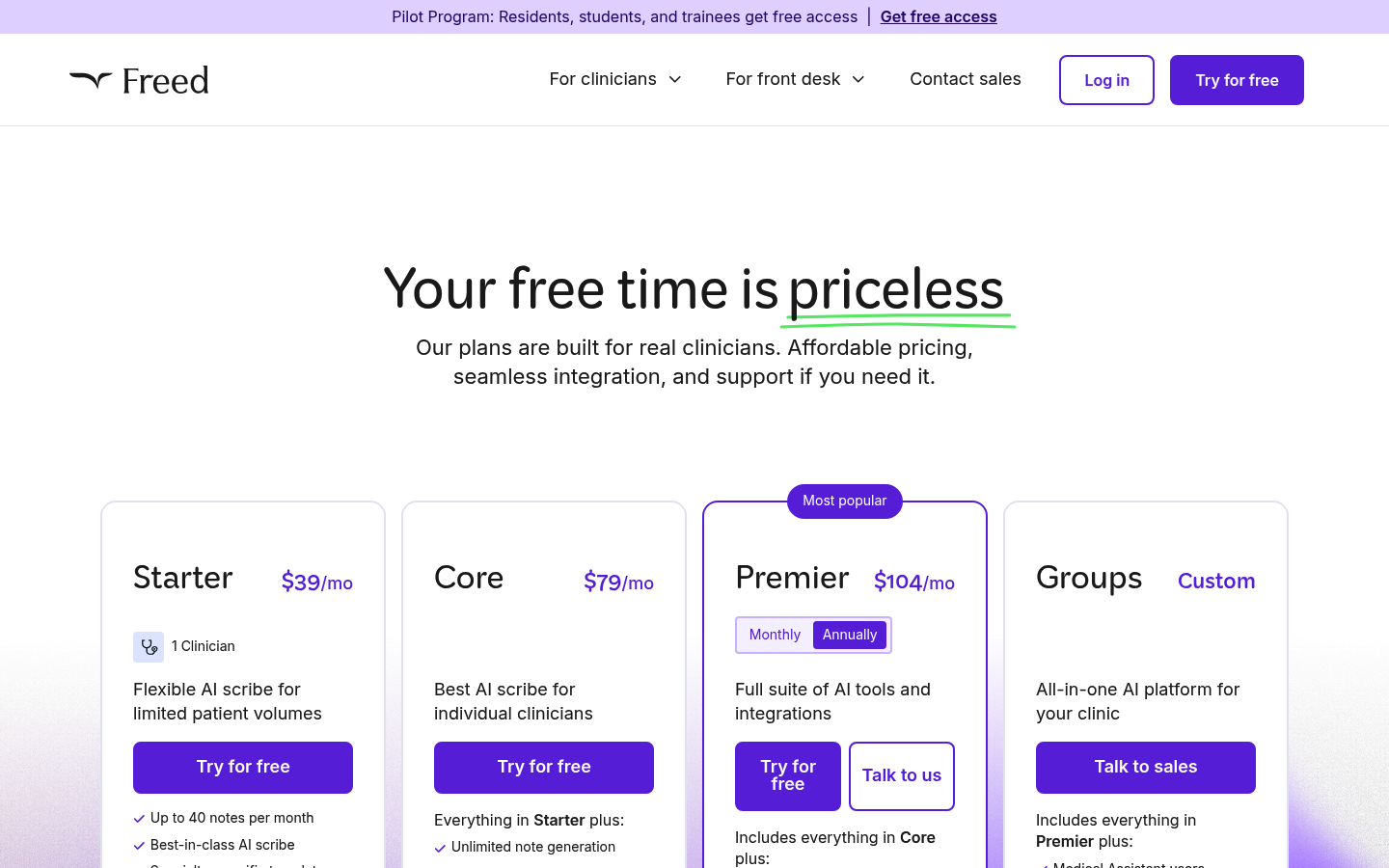 Screenshot of Freed's pricing page showing its plans and prices