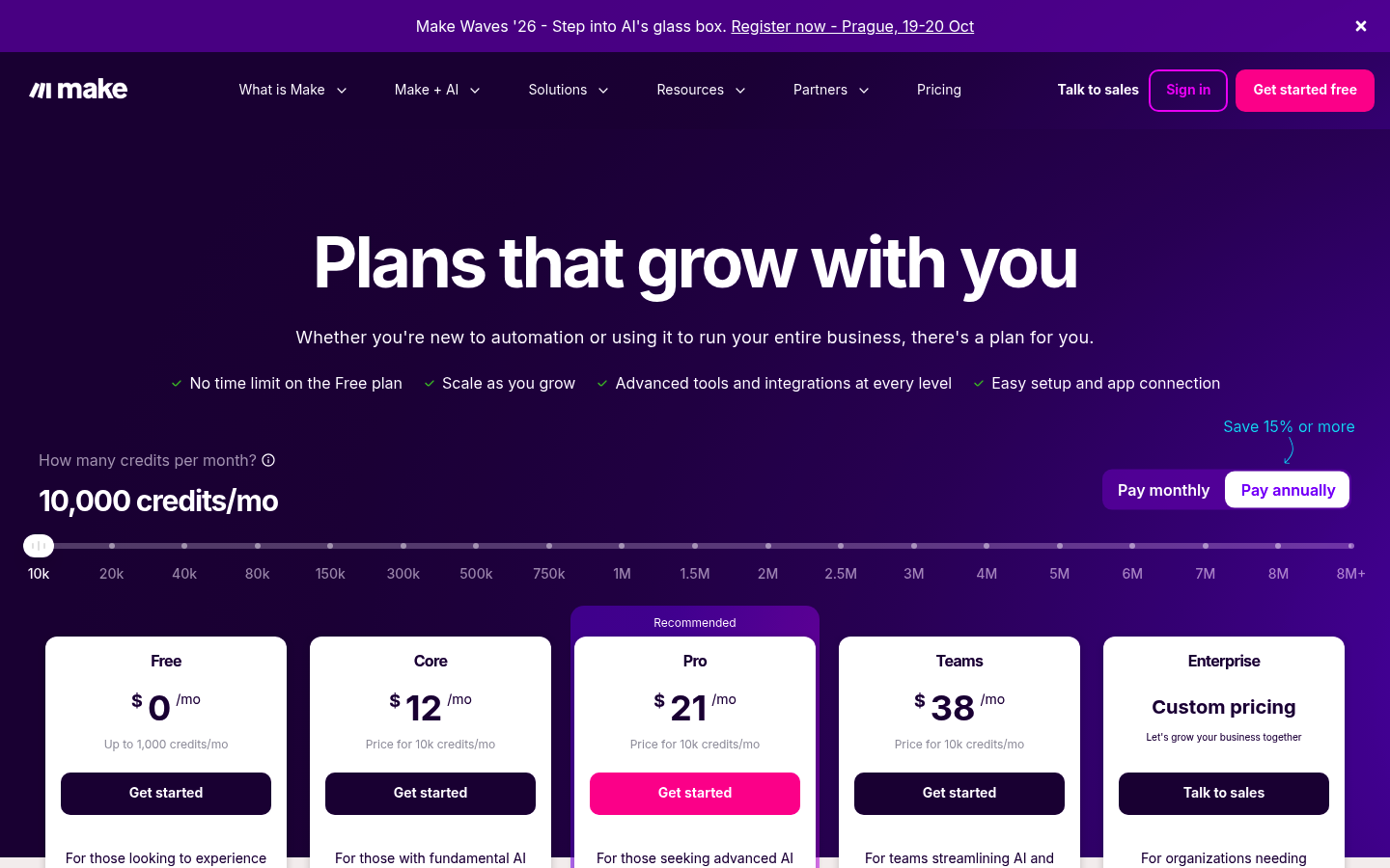 Screenshot of Make's pricing page showing its plans and prices