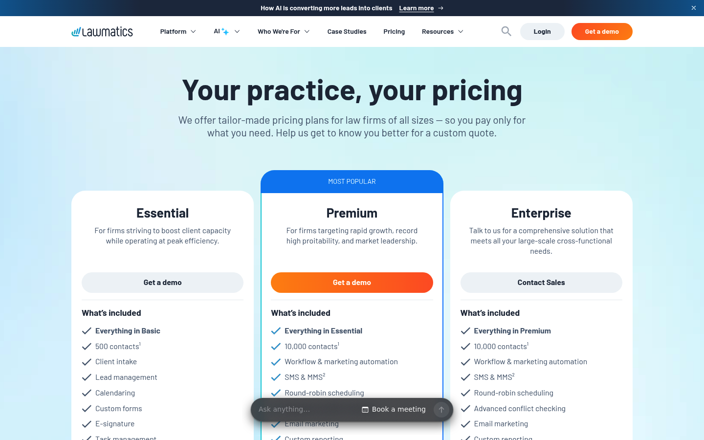 Screenshot of Lawmatics's pricing page showing its plans and prices