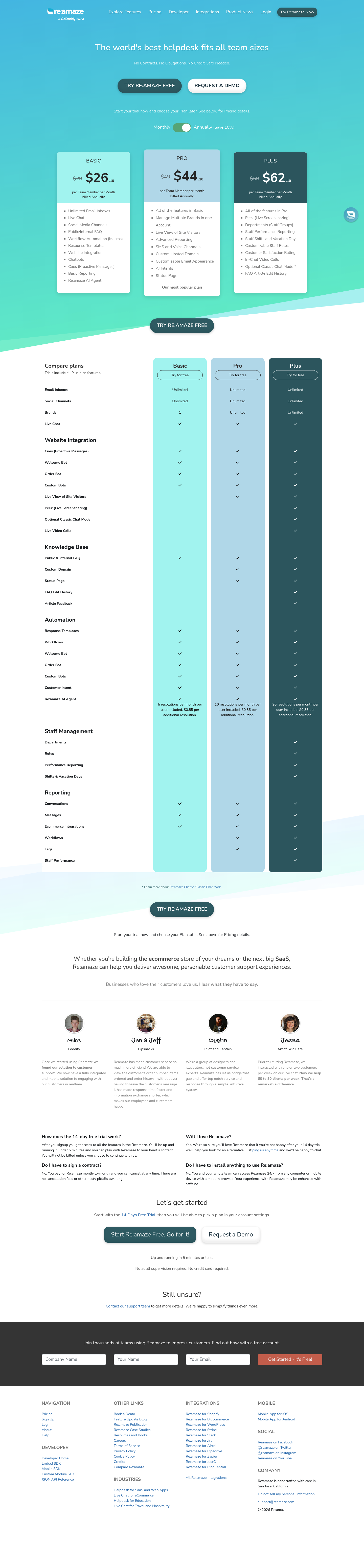 Screenshot of Re:amaze's pricing page showing its plans and prices