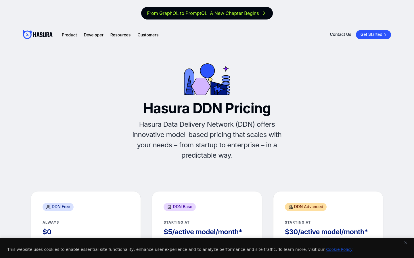 Screenshot of Hasura's pricing page showing its plans and prices