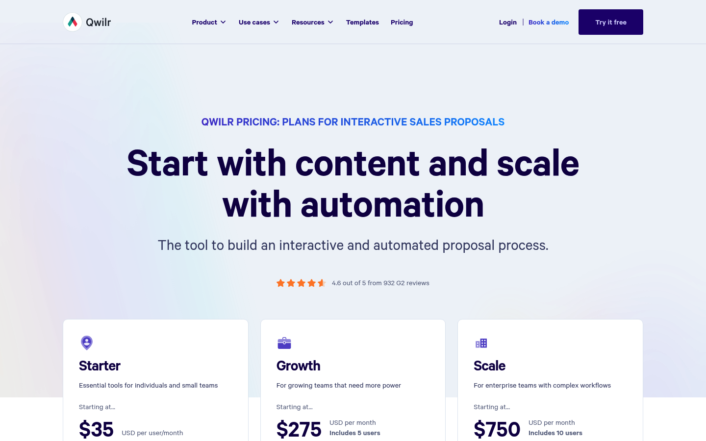 Screenshot of Qwilr's pricing page showing its plans and prices