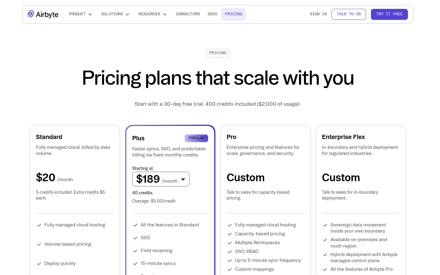 Screenshot of Airbyte's pricing page showing its plans and prices