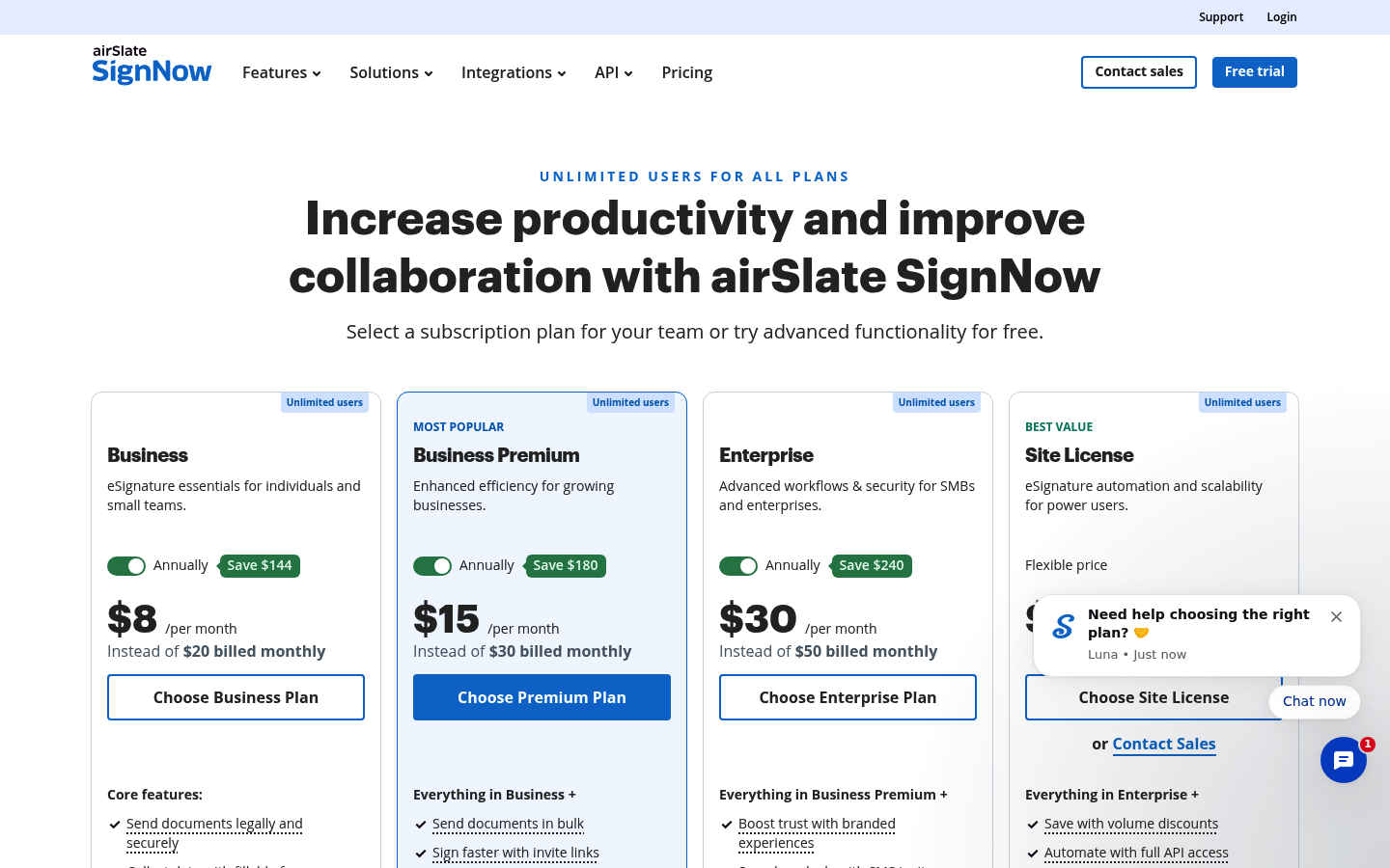 Screenshot of SignNow's pricing page showing its plans and prices