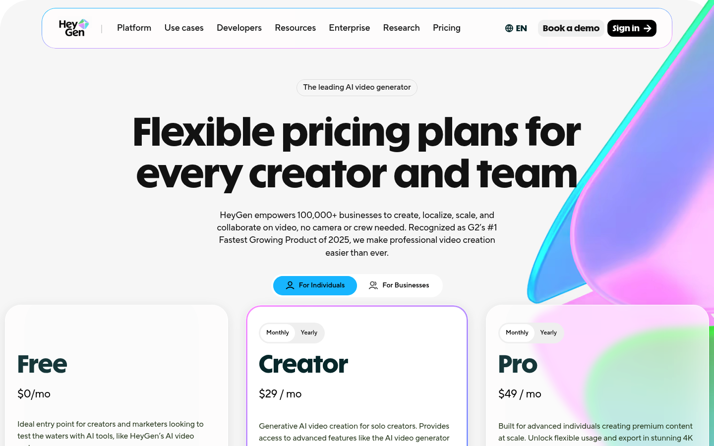 Screenshot of HeyGen's pricing page showing its plans and prices
