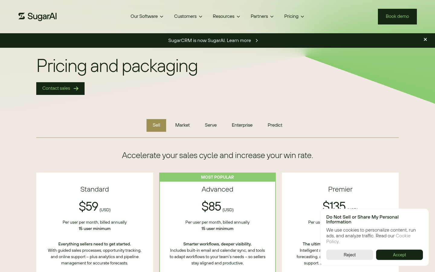 Screenshot of SugarCRM's pricing page showing its plans and prices