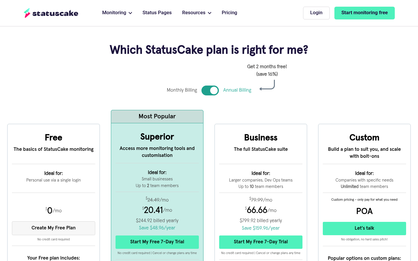 Screenshot of StatusCake's pricing page showing its plans and prices