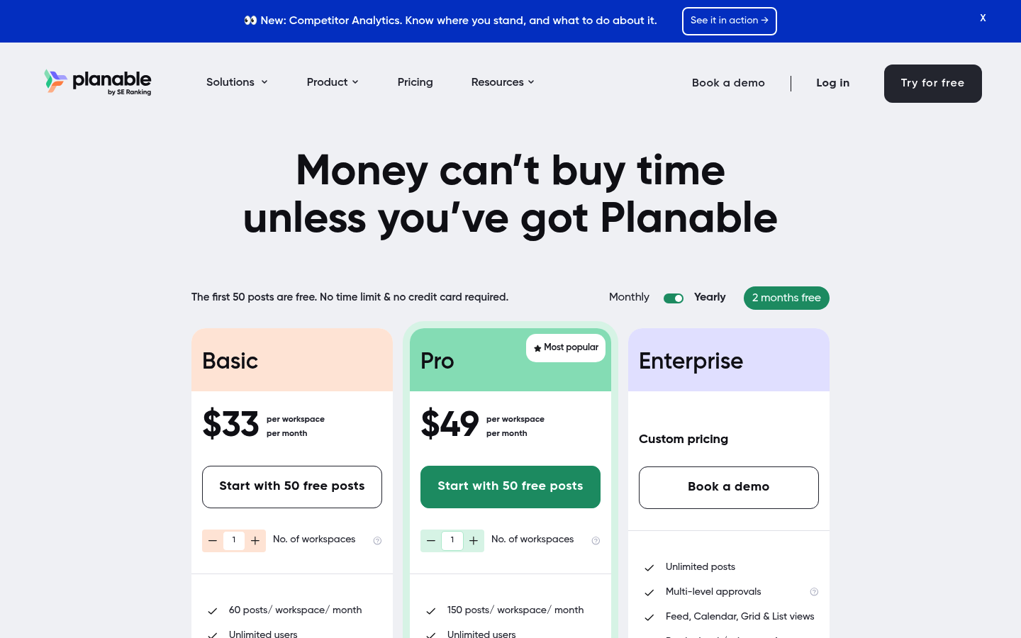 Screenshot of Planable's pricing page showing its plans and prices