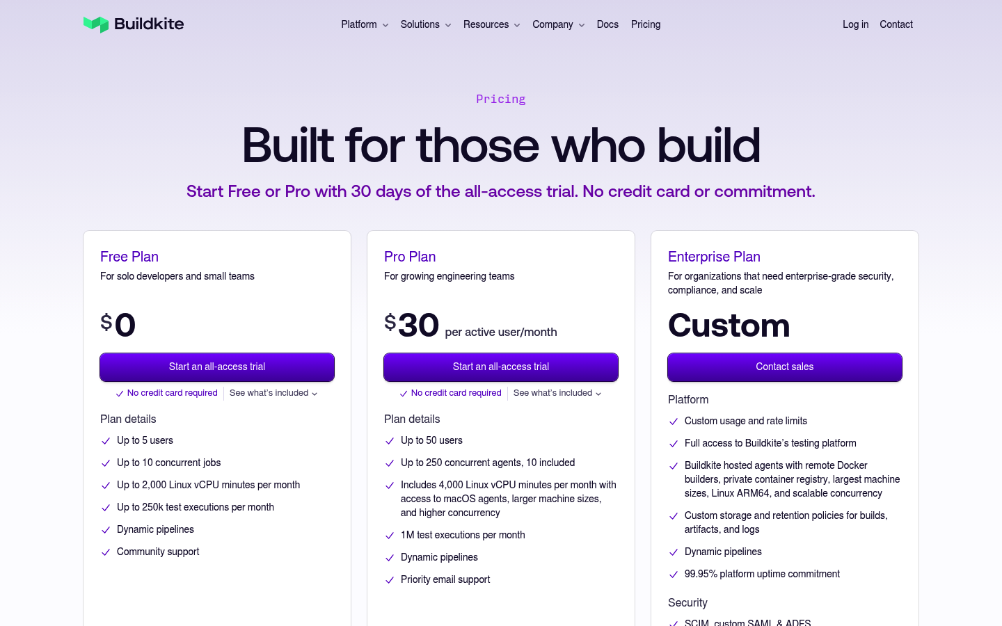 Screenshot of Buildkite's pricing page showing its plans and prices