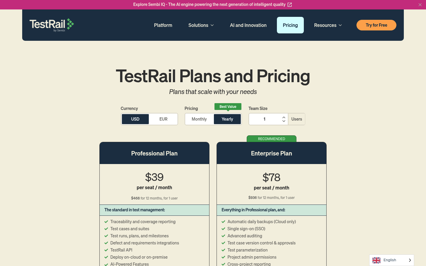 Screenshot of TestRail's pricing page showing its plans and prices