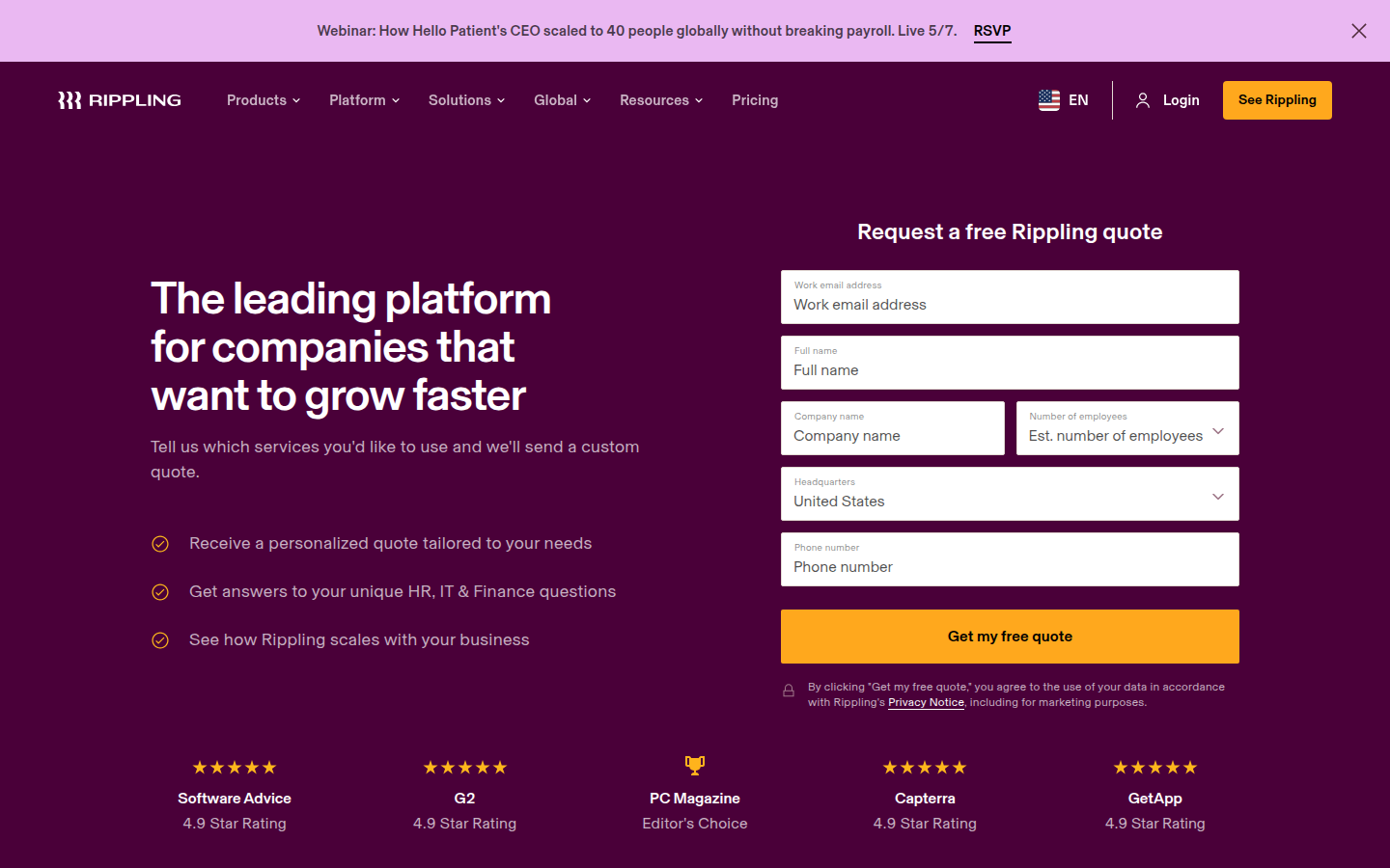 Screenshot of Rippling's pricing page showing its plans and prices