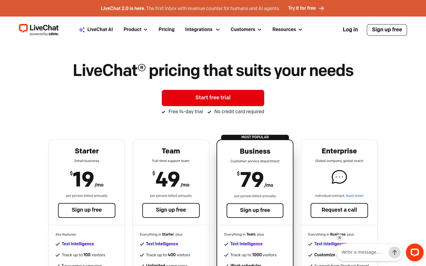 Screenshot of LiveChat's pricing page showing its plans and prices