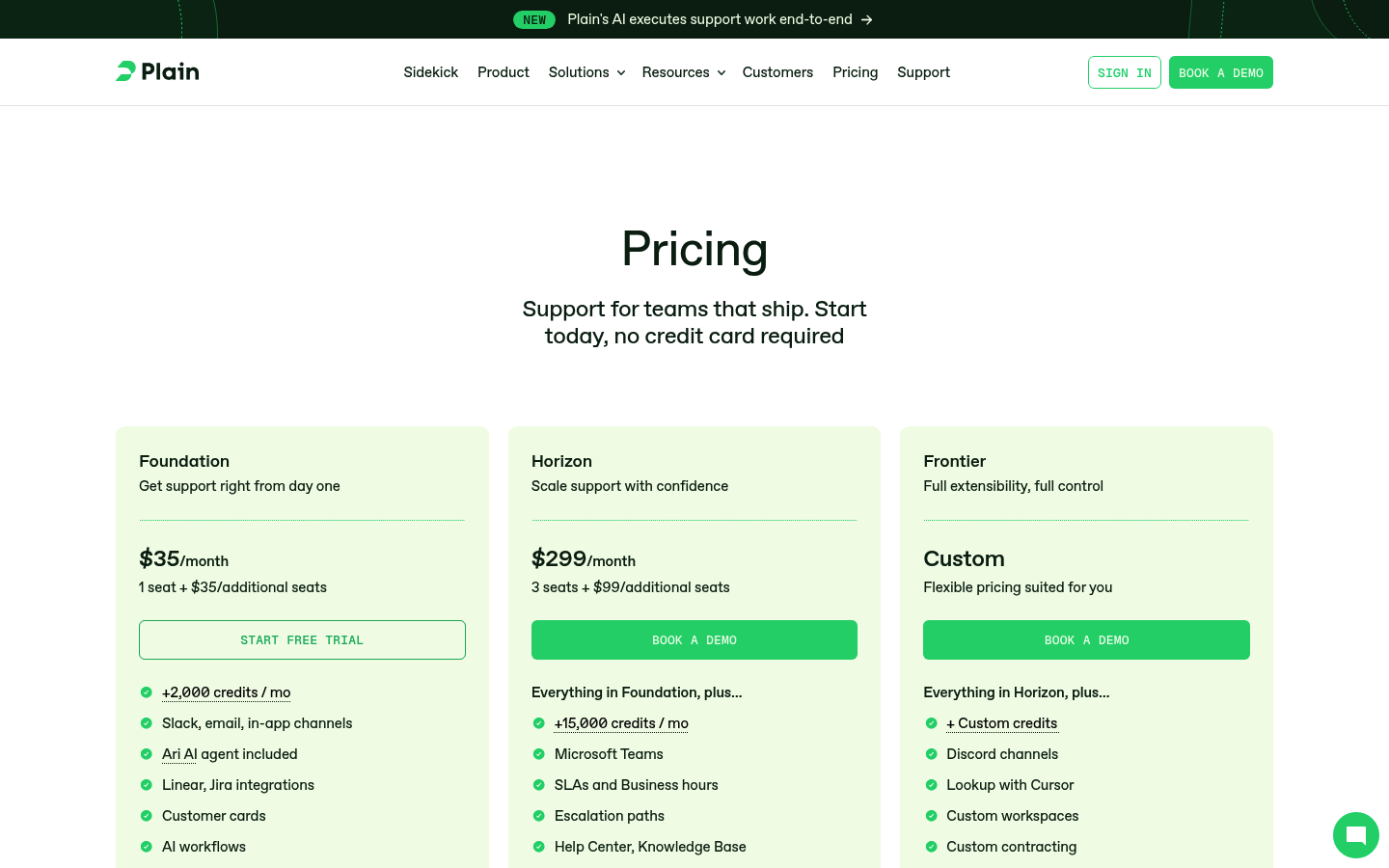 Screenshot of Plain's pricing page showing its plans and prices