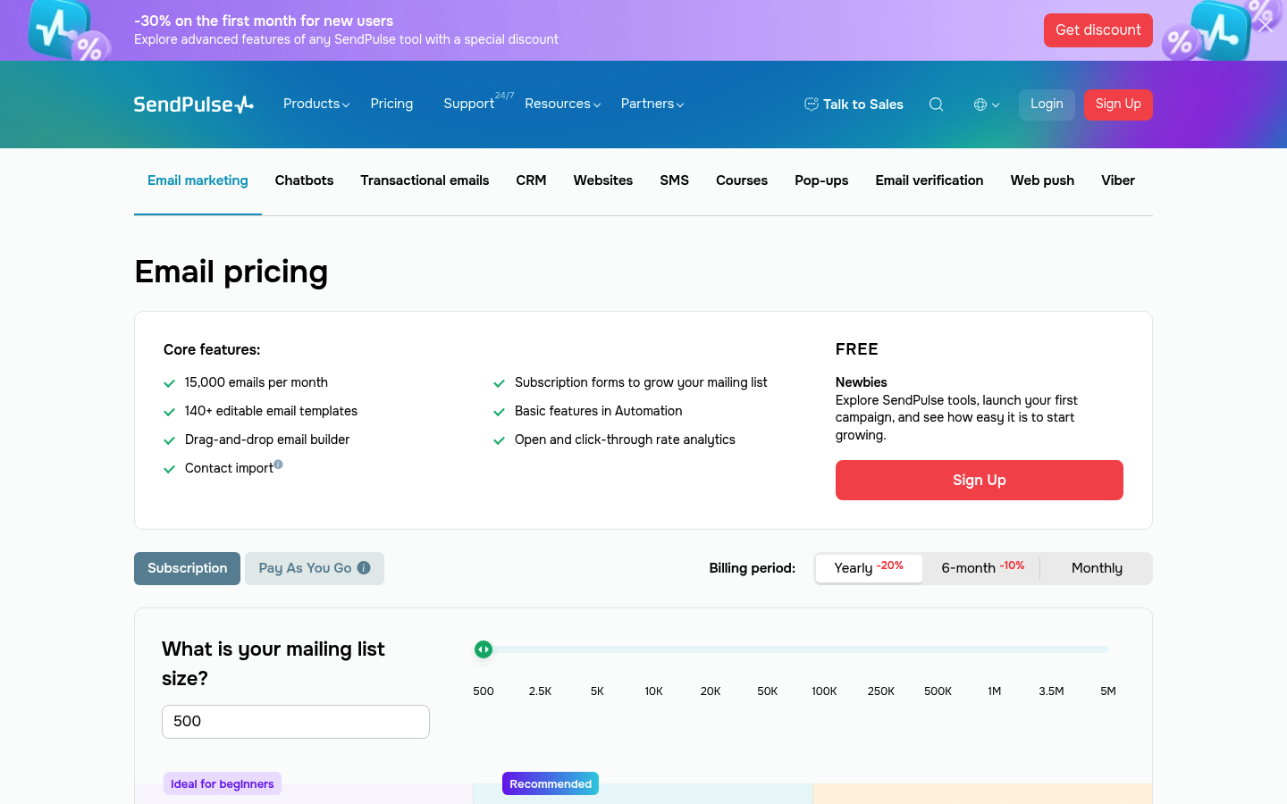 Screenshot of SendPulse's pricing page showing its plans and prices